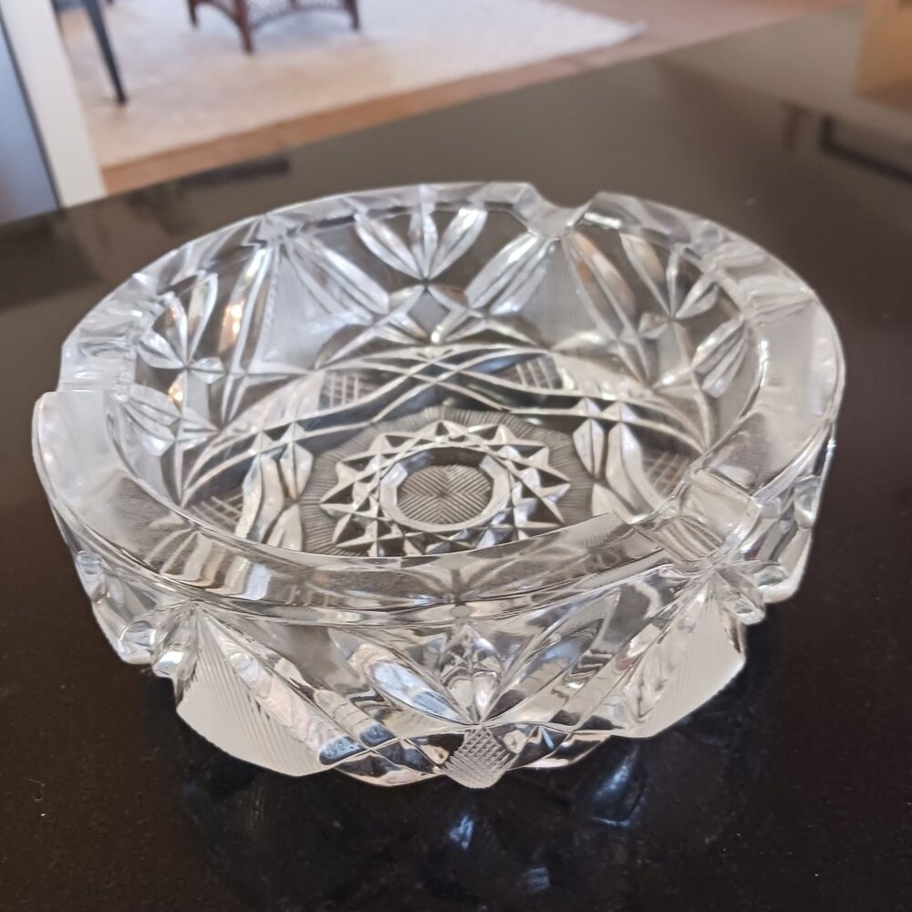 Vintage Czech Thick Cut Lead Crystal Glass Ashtray